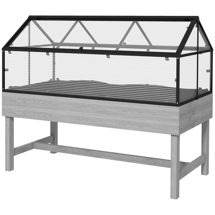 Outsunny Elevated Planter Box with Cold Frame Greenhouse in Distressed Grey - Wood Raised Garden Bed for Vegetables & Flowers