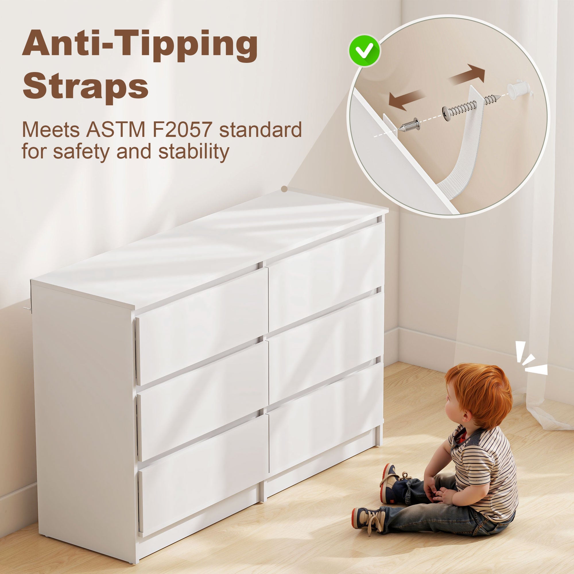 River 6 Drawer Dresser for Bedroom, Living Room or Hallway-White