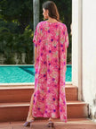 Rayon Rose Red Embroidered Beach Dress Outer Wear