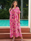 Rayon Rose Red Embroidered Beach Dress Outer Wear
