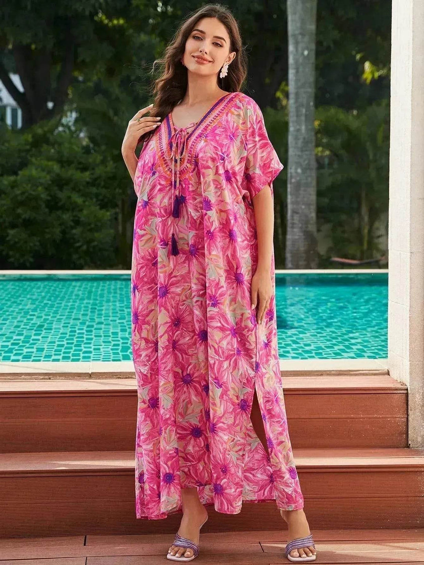 Rayon Rose Red Embroidered Beach Dress Outer Wear