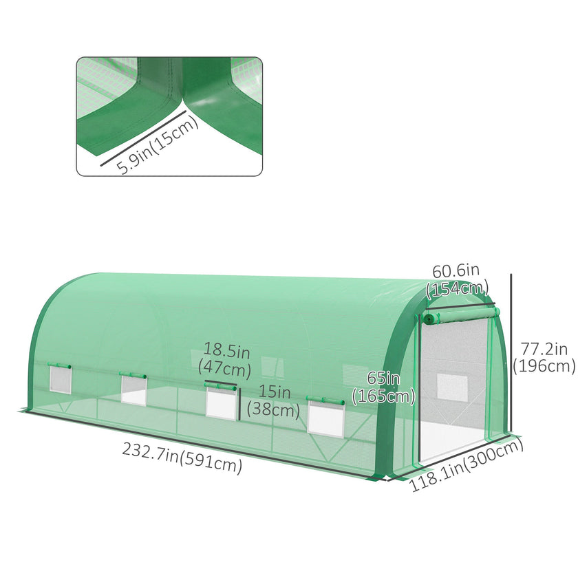 Outsunny 19.5'x10'x6.5' Upgraded Tunnel Greenhouse Mesh Door Windows 15 Plant Labels Gloves Green
