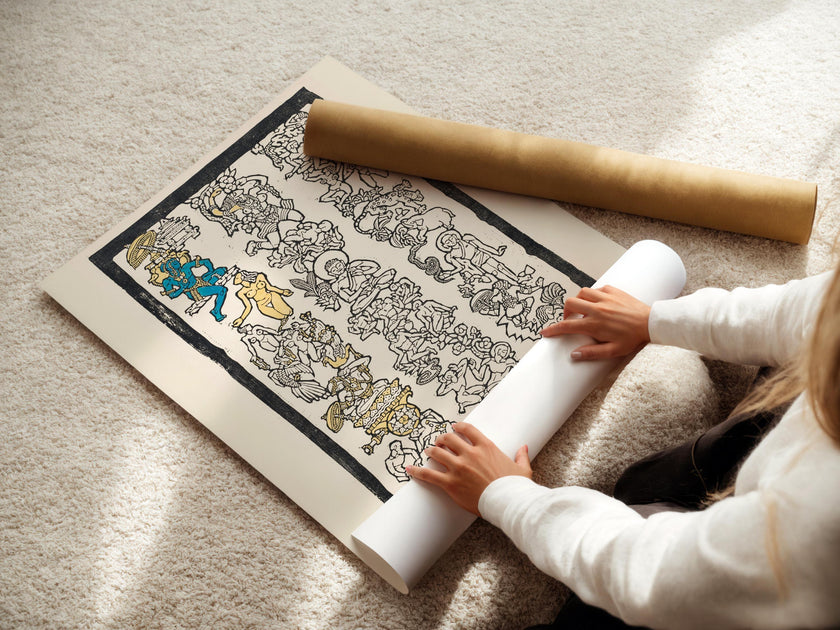 Reijer Stolk Indian Motif Woodcut Print: Symbolist Art, Gold & Blue Accents