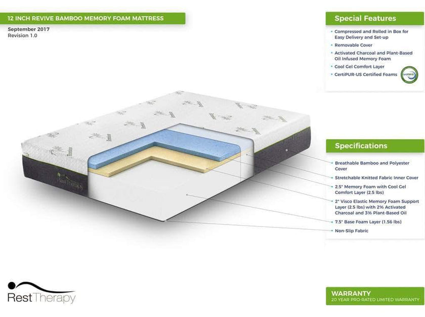 12 Inch Revive Bamboo Cool Gel Memory Foam Mattress - Available in 3 Sizes