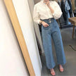 Retro High Waist Wash Double Breasted Pocket Loose Slimming And Wide Leg Denim Trousers For Women
