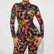 Retro Printed High Elastic Skinny Mesh Jumpsuit