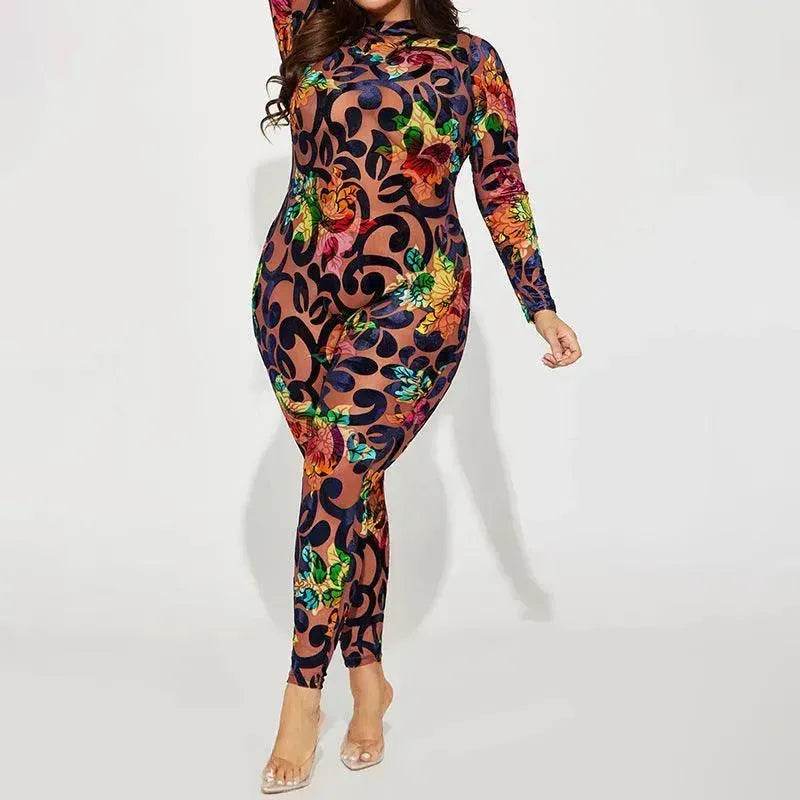 Retro Printed High Elastic Skinny Mesh Jumpsuit