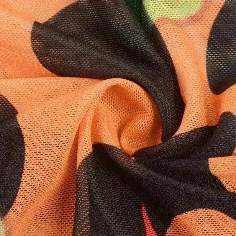 Retro Printed High Elastic Skinny Mesh Jumpsuit