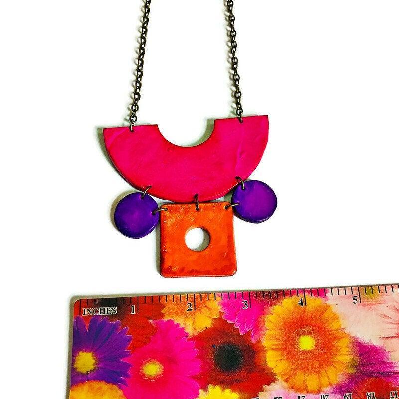 Retro Statement Necklace | Geometric Bib Necklace in Neon Pink, Purple & Orange