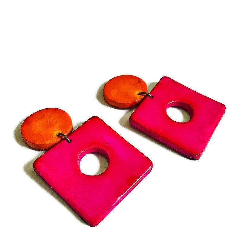 Retro Statement Necklace | Geometric Bib Necklace in Neon Pink, Purple & Orange