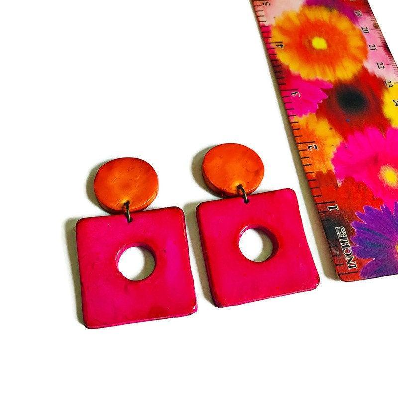 Retro Statement Necklace | Geometric Bib Necklace in Neon Pink, Purple & Orange