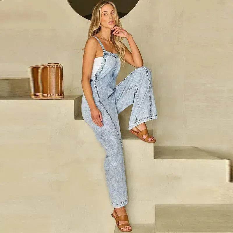 Retro Washed Raw Hem Wide Legs Jumpsuit For Women