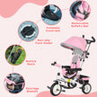 Qaba 4-in-1 Convertible Toddler Tricycle Stroller with Canopy Basket Safety Harness for Kids 12-60 Months Pink
