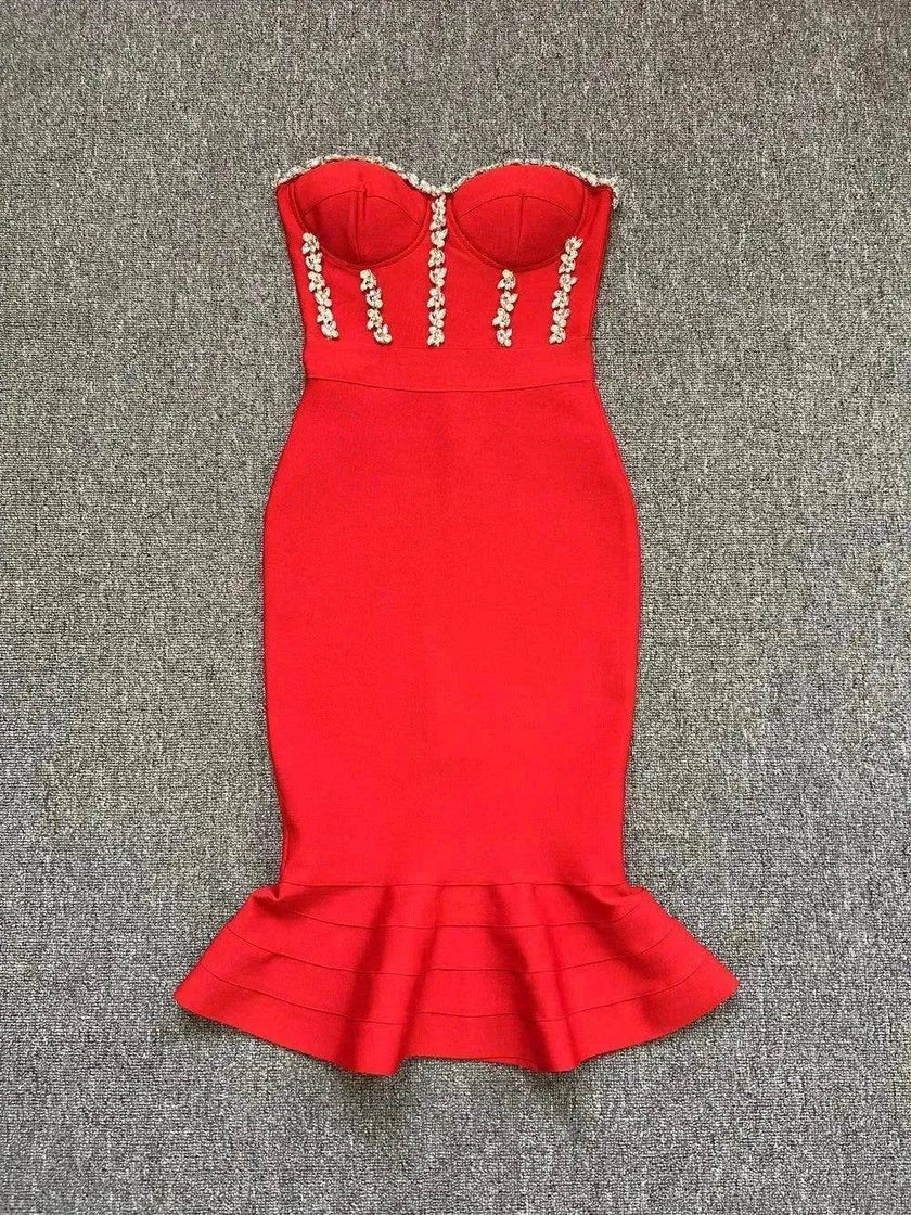 Rhinestone Waist-tight Hip Lotus Leaf Fishtail Gown