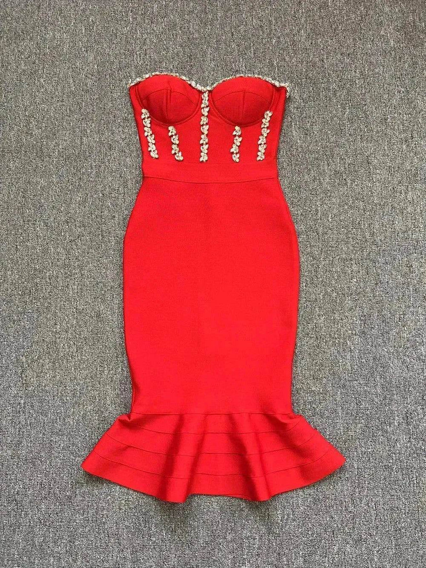 Rhinestone Waist-tight Hip Lotus Leaf Fishtail Gown