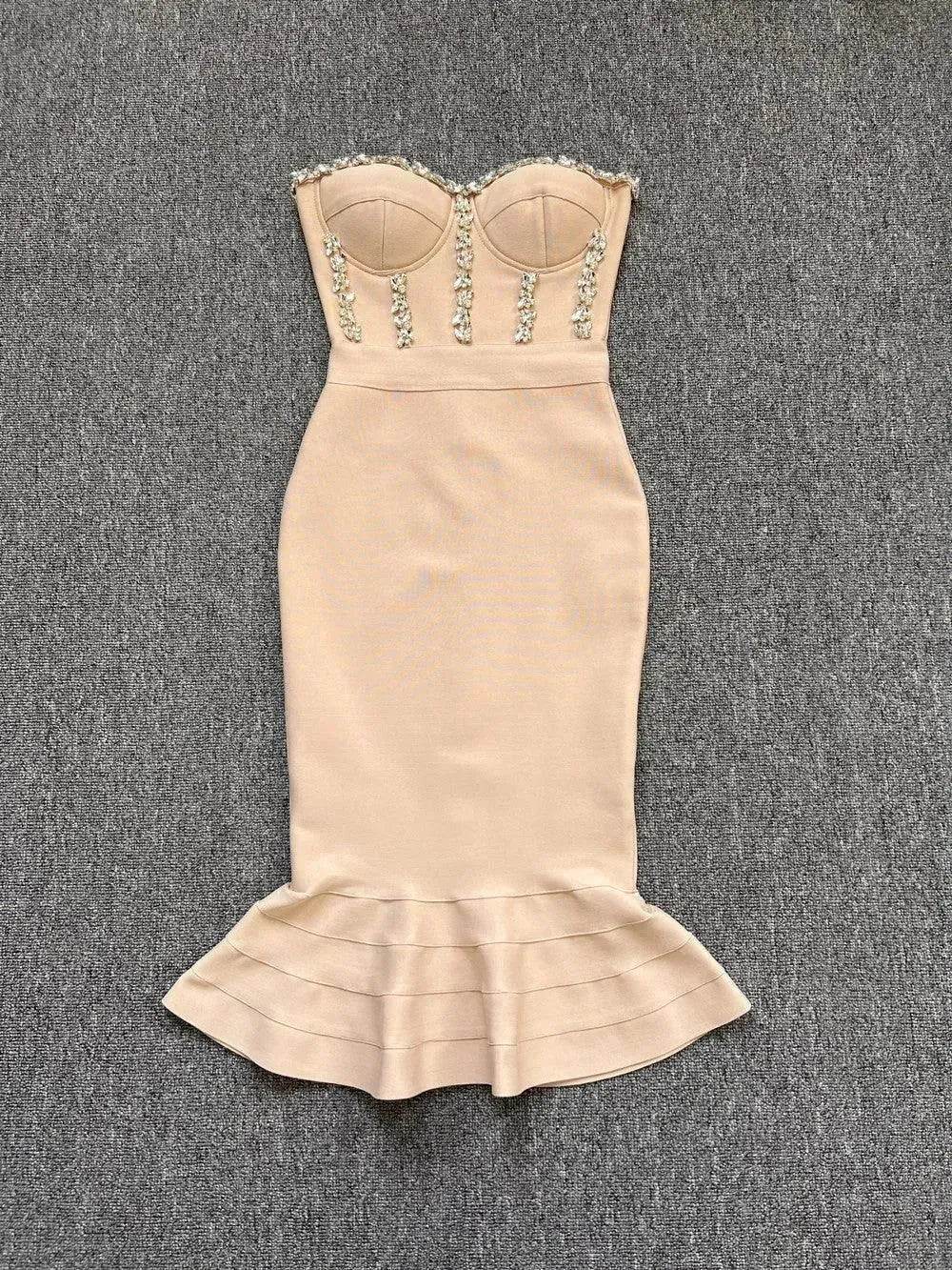Rhinestone Waist-tight Hip Lotus Leaf Fishtail Gown