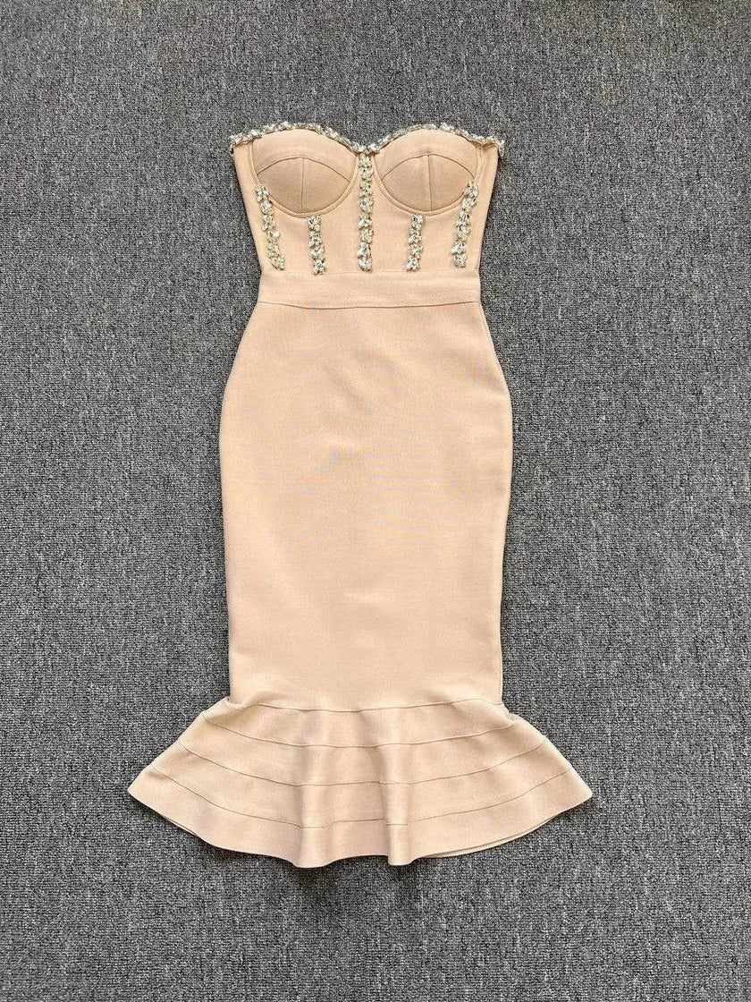 Rhinestone Waist-tight Hip Lotus Leaf Fishtail Gown
