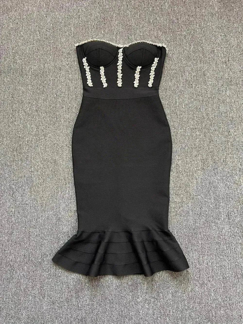 Rhinestone Waist-tight Hip Lotus Leaf Fishtail Gown