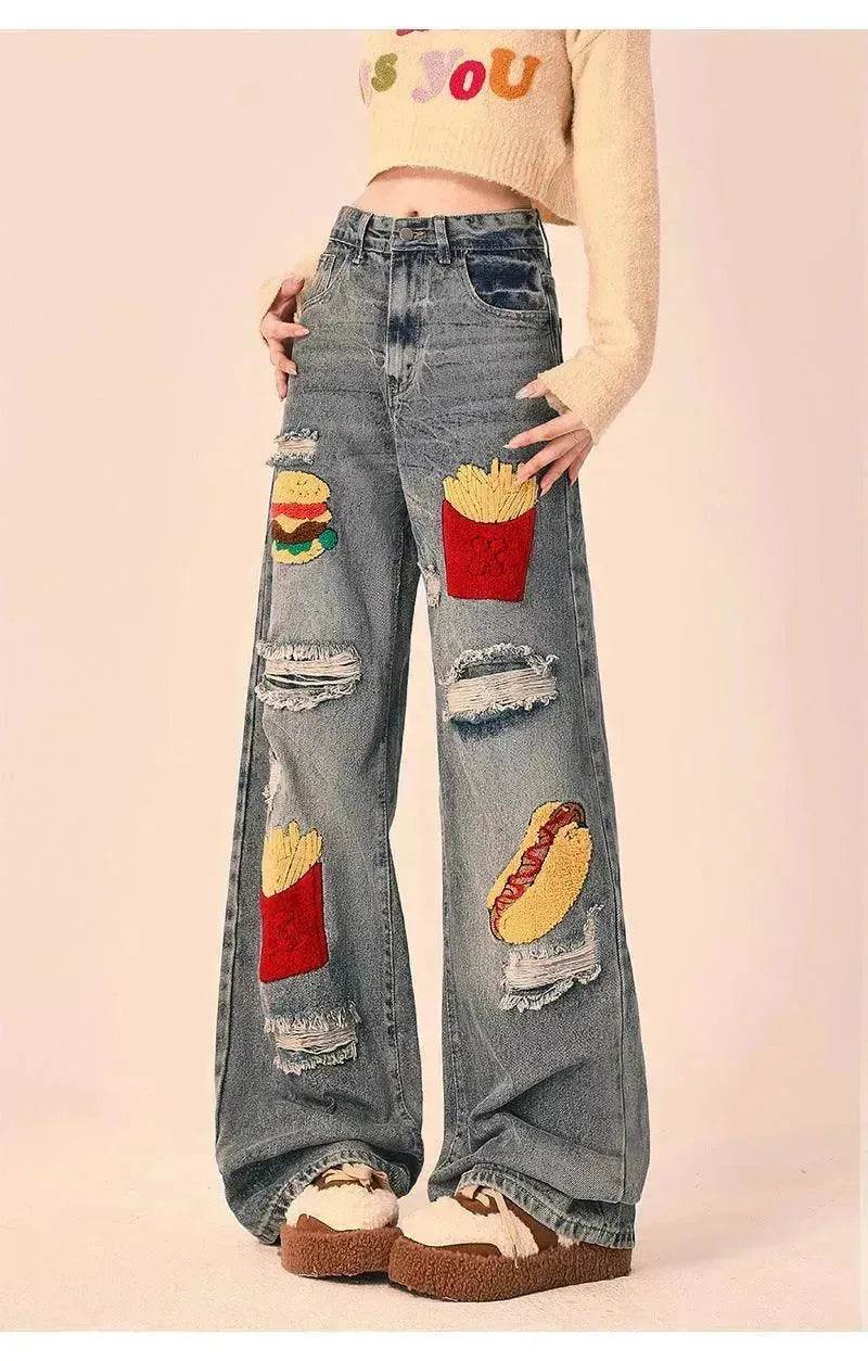 Ripped Jeans Women Loose Straight Wide Leg Oversized Trousers