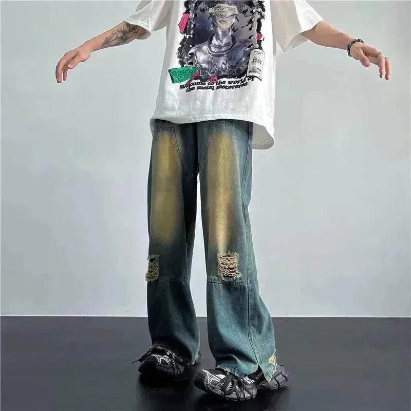 Ripped Retro Blue Contrast Color Jeans