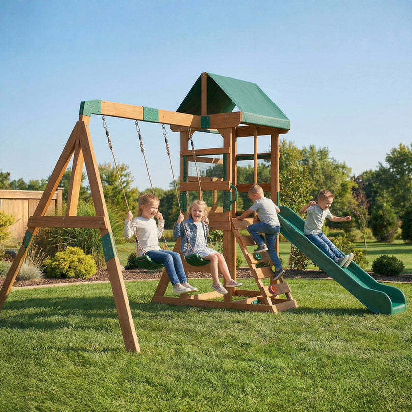 Qaba Wooden Swing Set with Slide, 2 Swings & Rock Wall (Kids Outdoor Playset)