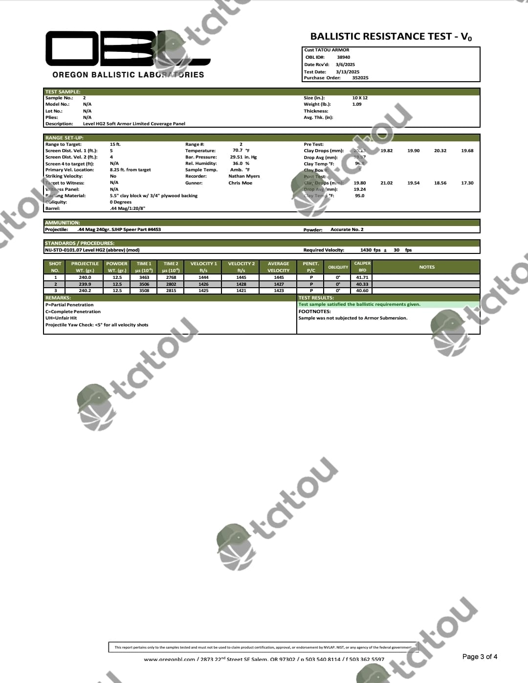 IIIA/HG2 SOFT ARMOR 10x12 SAPI - TATOU ARMOR
