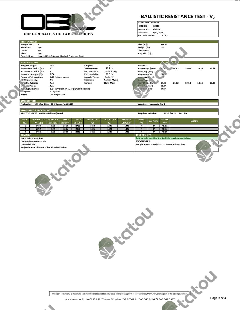 IIIA/HG2 SOFT ARMOR 10x12 SAPI - TATOU ARMOR