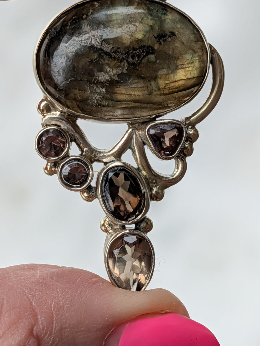 Labradorite & Smoky Quartz Pendant — One-of-a-Kind Sterling Silver Statement