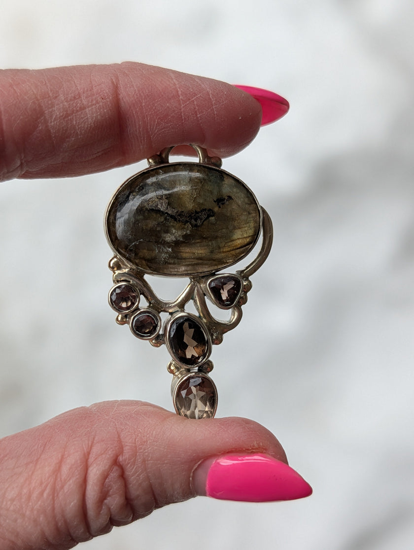 Labradorite & Smoky Quartz Pendant — One-of-a-Kind Sterling Silver Statement