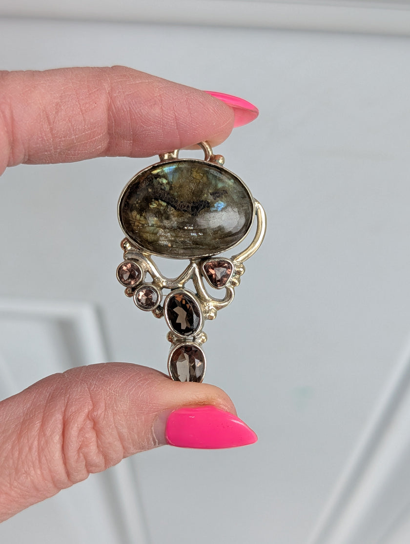 Labradorite & Smoky Quartz Pendant — One-of-a-Kind Sterling Silver Statement