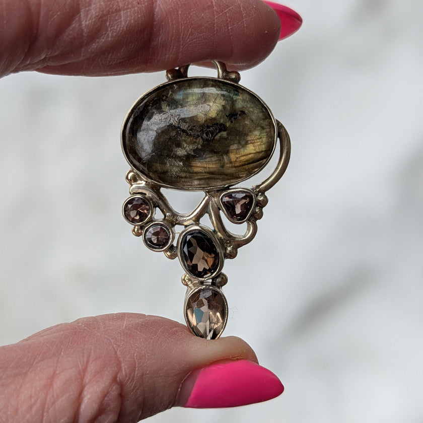 Labradorite & Smoky Quartz Pendant — One-of-a-Kind Sterling Silver Statement