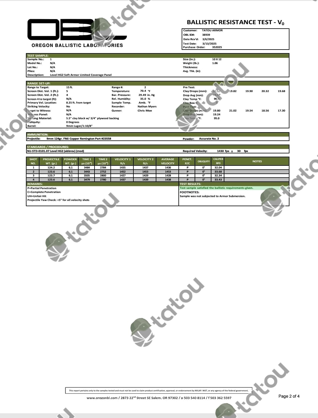 IIIA/HG2 SOFT ARMOR 10x12 SAPI - TATOU ARMOR