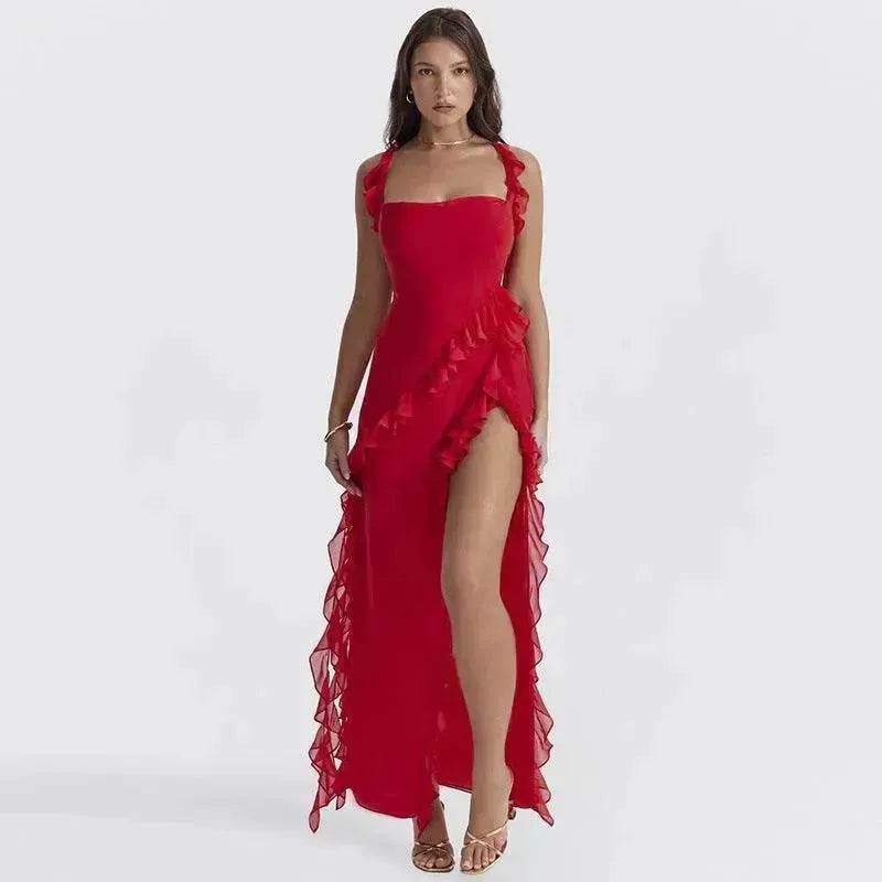 Ruffle Thigh High Split Dress Women Charming Spaghetti Strap Square Neck Backless Suspender Dresses For Evening Party Clothing