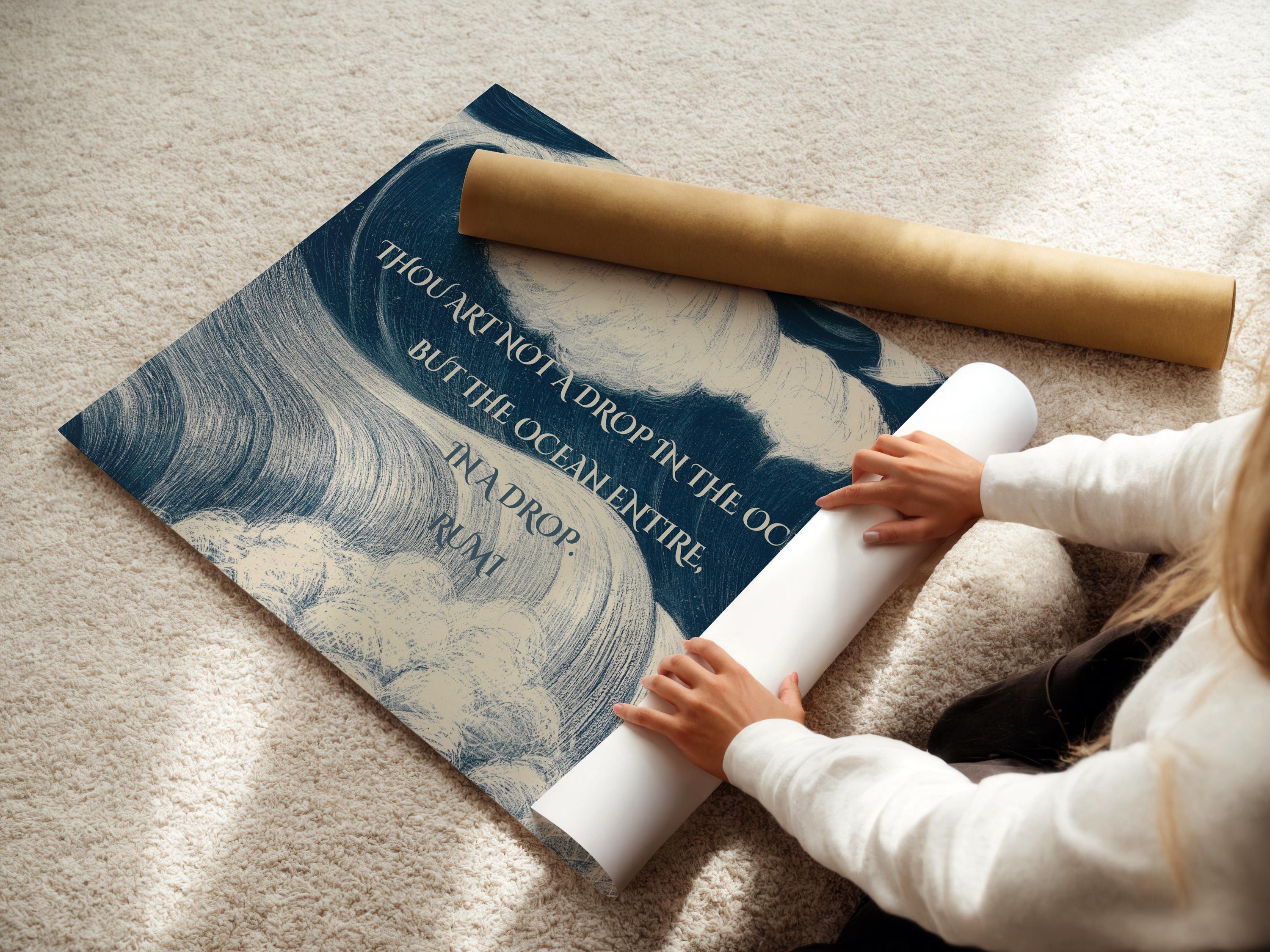 Rumi Poetry Giclee Print: Inspirational Ocean Quote Art, Blue Poem (Available Framed)