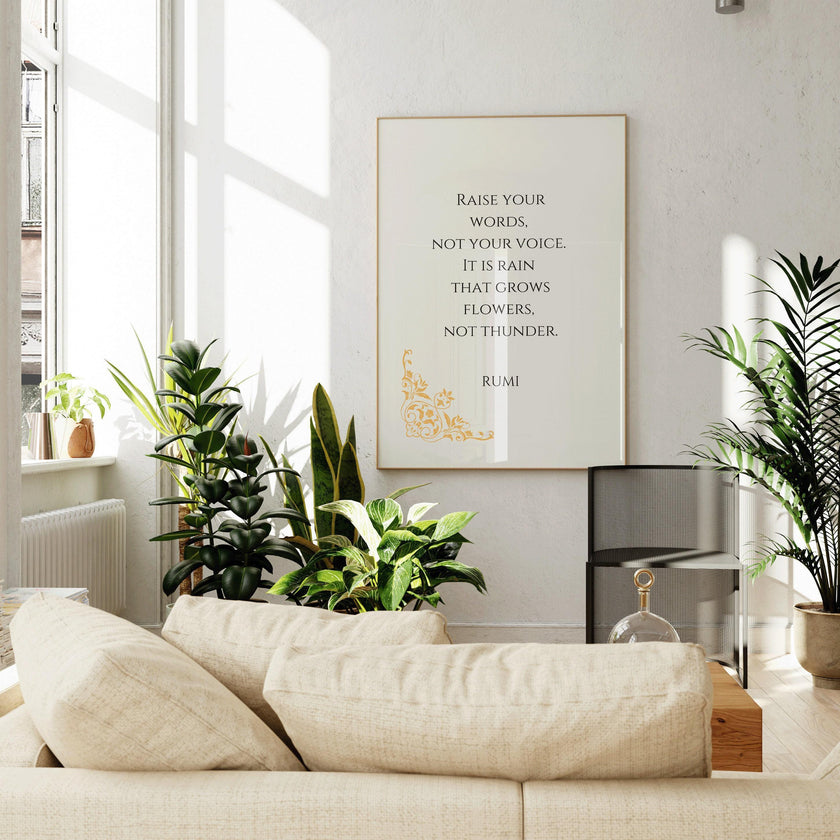 Rumi Quote Art Print: Rain & Thunder Poem, Beige Inspirational Poster