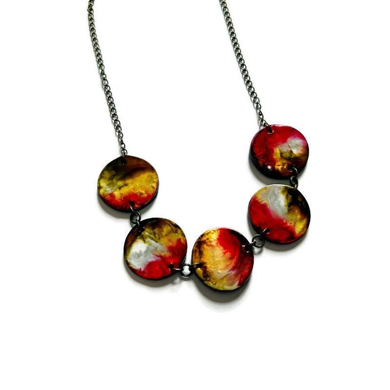 Rustic Beaded Necklace & Earring Set Handmade from Clay & Painted with Alcohol Ink