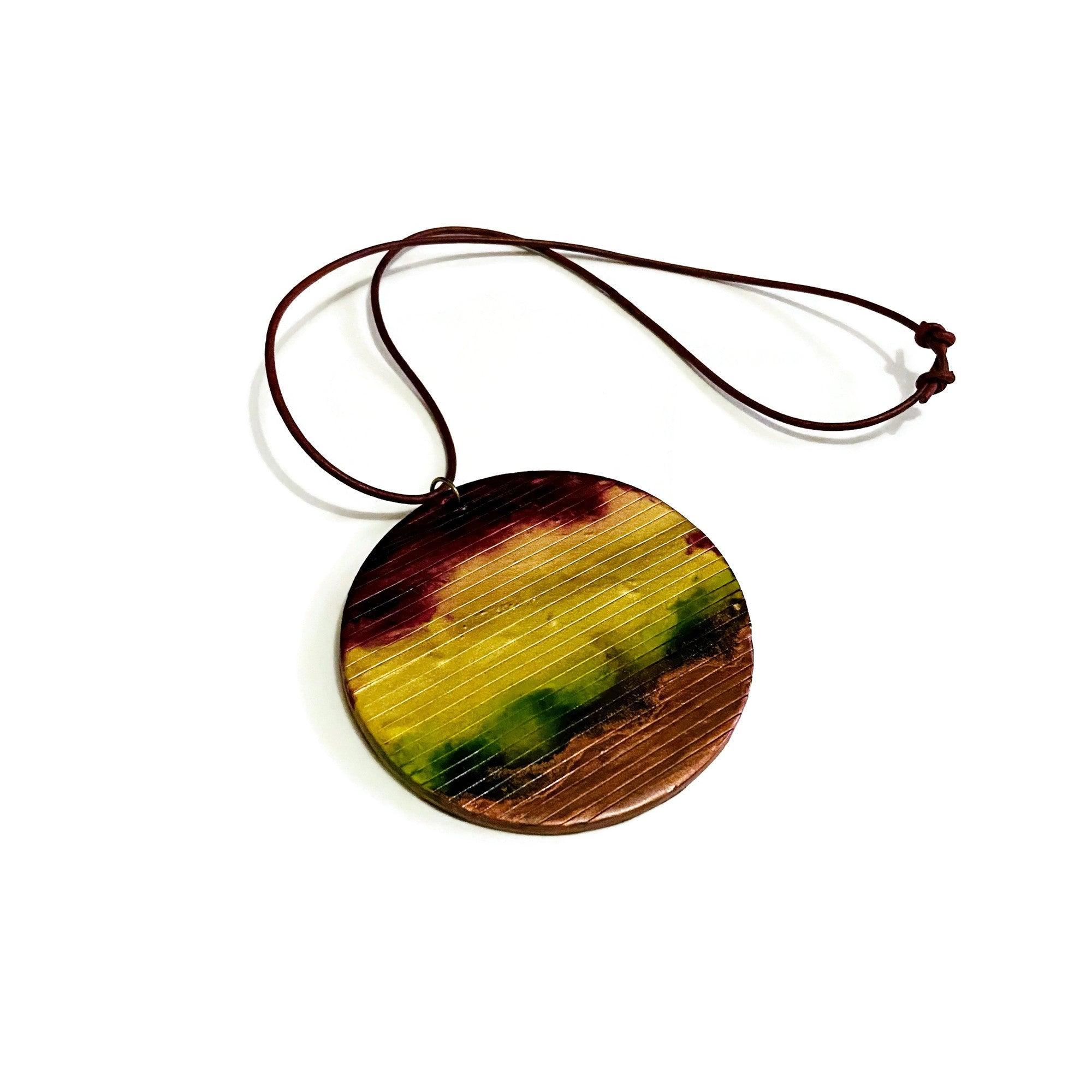 Rustic Chunky Circle Pendant Necklace | Earthy Maroon, Gold, Green & Brown