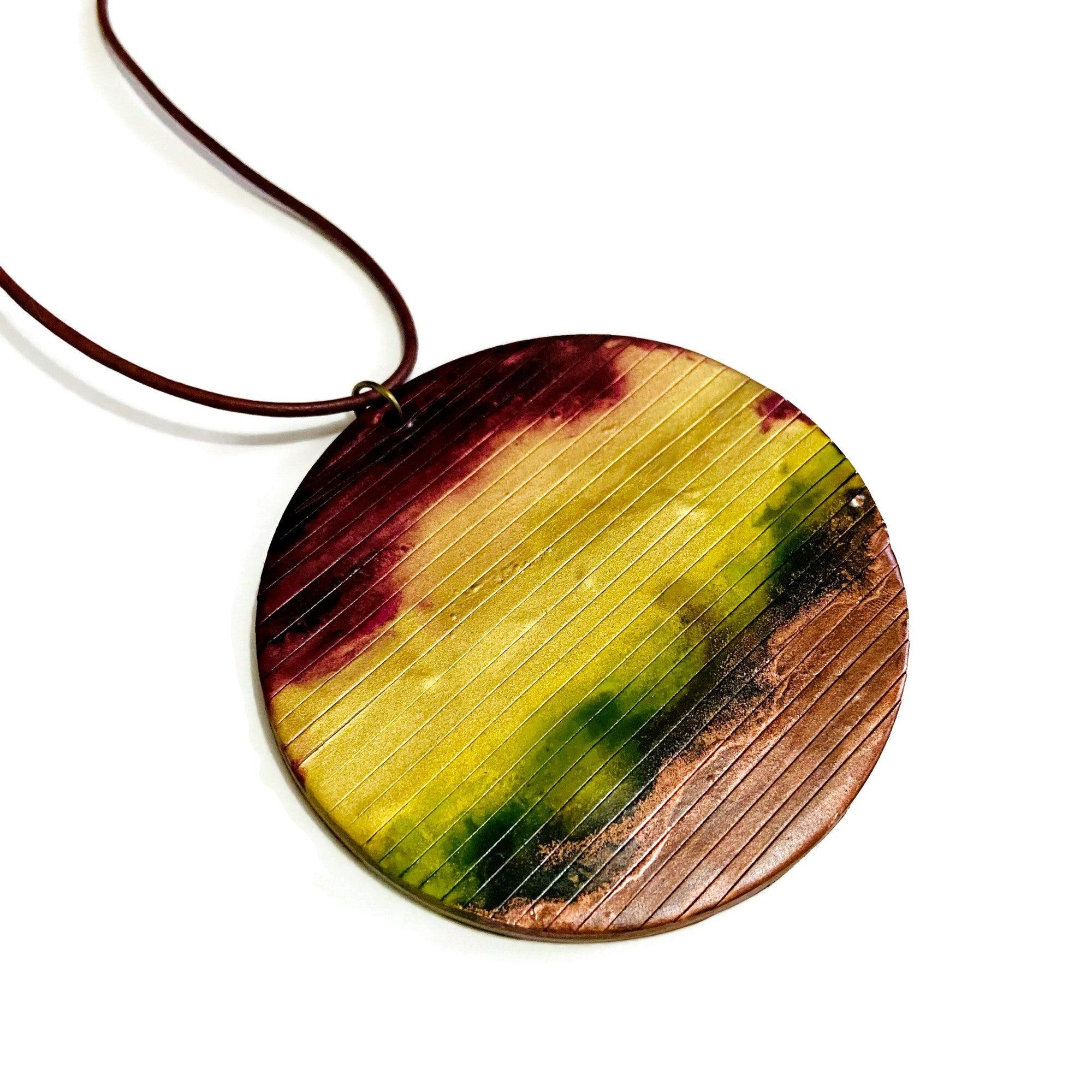 Rustic Chunky Circle Pendant Necklace | Earthy Maroon, Gold, Green & Brown