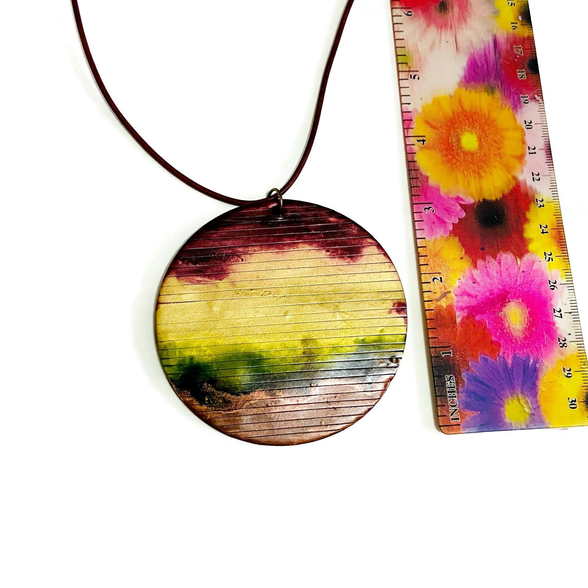 Rustic Chunky Circle Pendant Necklace | Earthy Maroon, Gold, Green & Brown