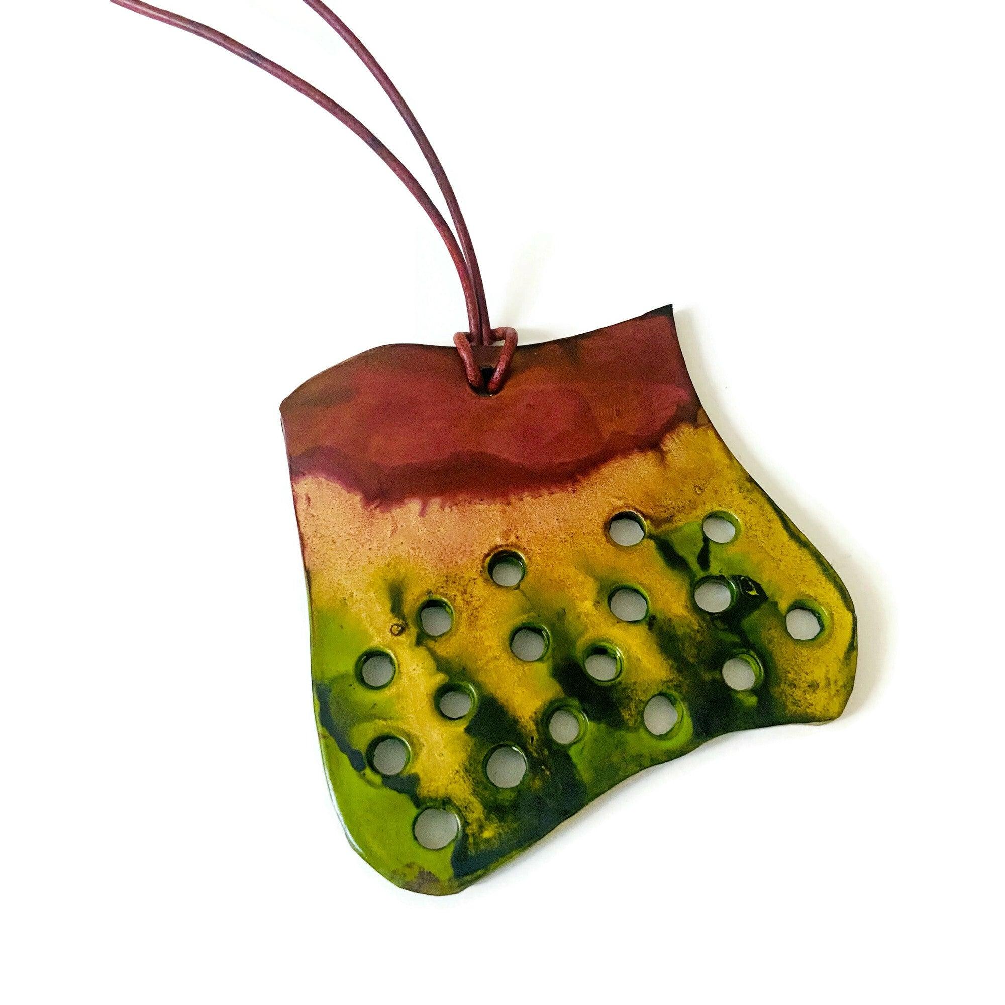 Rustic Chunky Pendant Necklace | Earthy Gold, Chartreuse & Brown Polymer Clay
