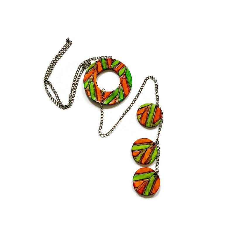 Rustic Lariat Necklace & Earrings Set, Green, Orange & Grey, Handmade Polymer Clay