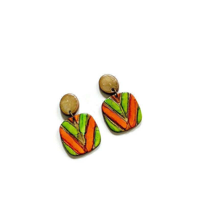 Rustic Lariat Necklace & Earrings Set, Green, Orange & Grey, Handmade Polymer Clay
