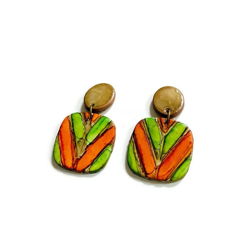 Rustic Lariat Necklace & Earrings Set, Green, Orange & Grey, Handmade Polymer Clay