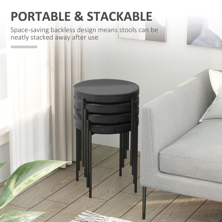 Noel Backless Round Dining Stools-Set of 4 with Metal Legs-Black