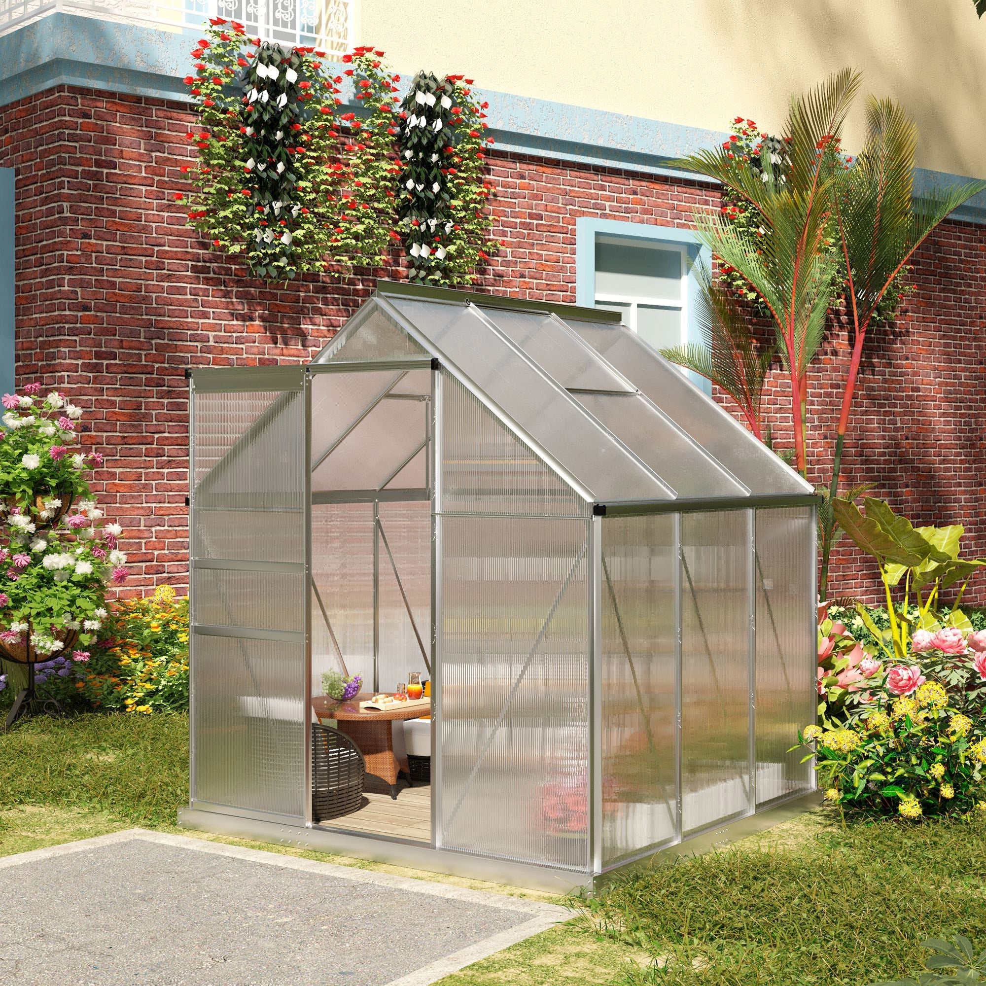 Outsunny 6' x 6' Aluminum Greenhouse Polycarbonate Walk-in Garden Greenhouse Kit with Adjustable Roof Vent, Rain Gutter  Sliding Door| Aosom Canada