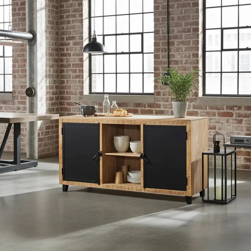 Buffet en bois de manguier avec porte en acier noir