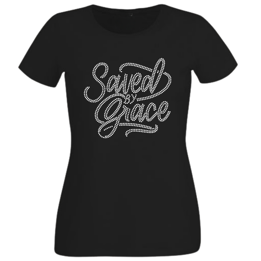 Saved By Grace Rhinestone Shirt – Christian Faith Sparkle Bling Tee | Blingdazzel