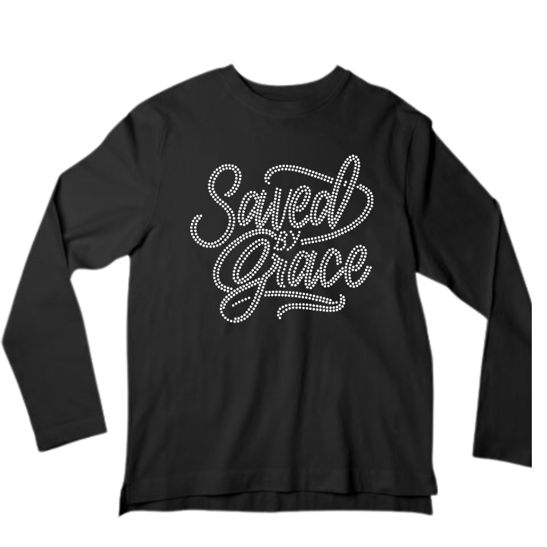 Saved By Grace Rhinestone Shirt – Christian Faith Sparkle Bling Tee | Blingdazzel