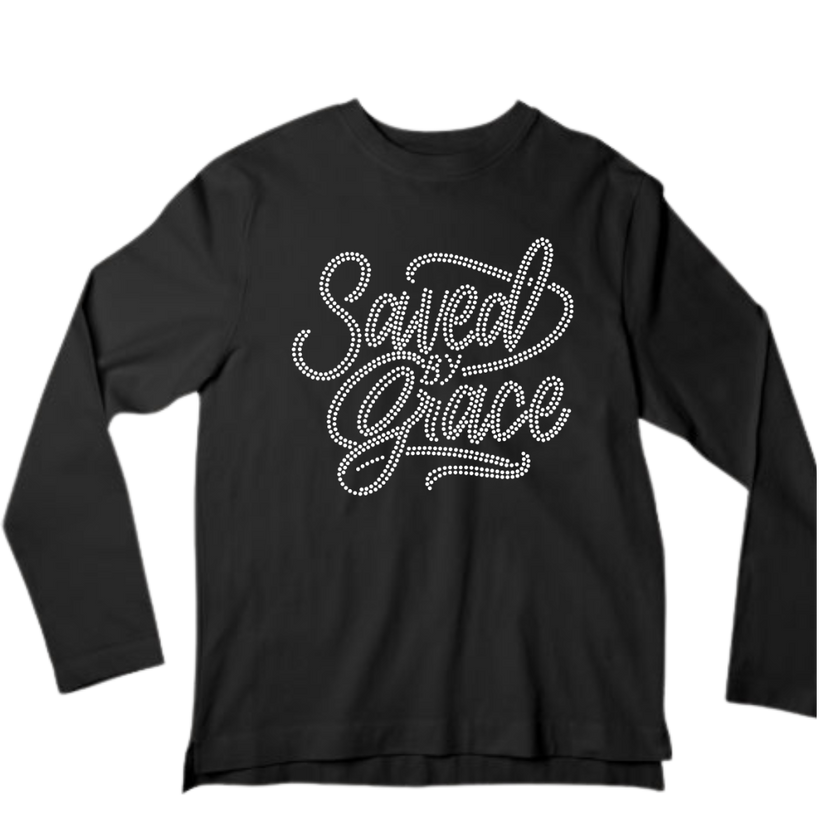 Saved By Grace Rhinestone Shirt – Christian Faith Sparkle Bling Tee | Blingdazzel