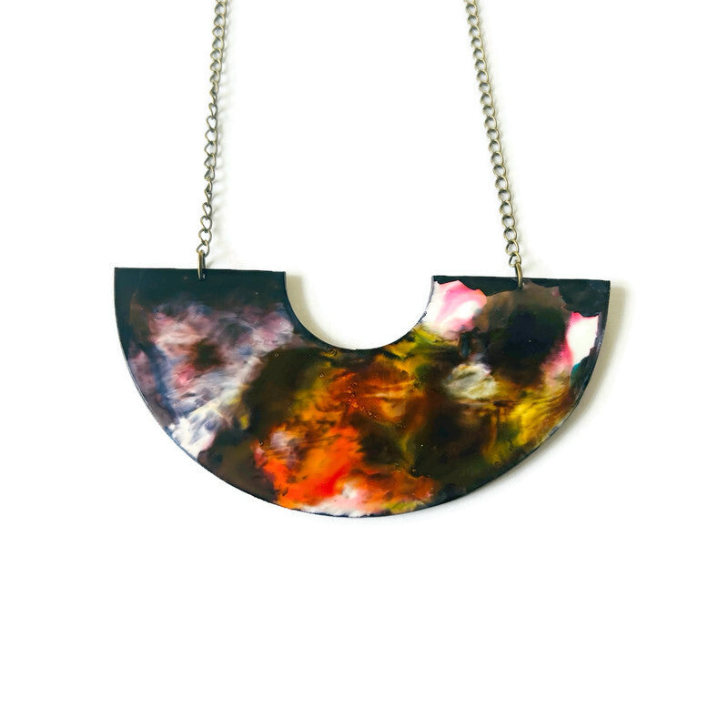 Abstract Alcohol Ink Jewelry Set in Black, White Yellow Orange, Fluid Art Jewelry